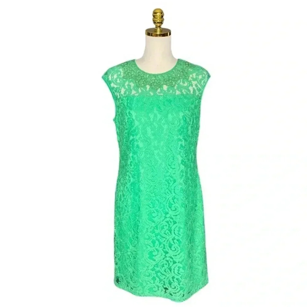 ADRIANNA PAPELL |SLEEVELESS LACE DRESS WITH BEADED NECK IN BOTANIC GREEN SIZE 10